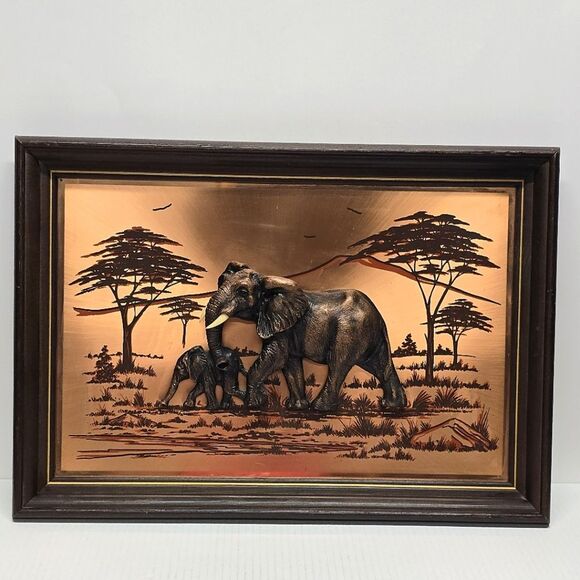 John Louw Signed 3D Copper Wall Art African Elephant Momma With Baby 19.5x13.5” - Picture 1 of 8
